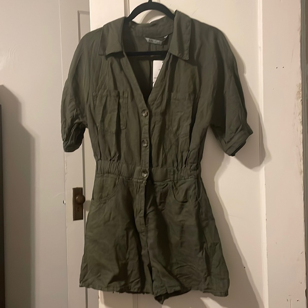 Green linen romper